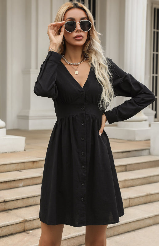 Robe-chemise cintrée pour femme, noire, col en V, en coton et lin 