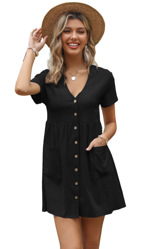 Women's Loose Shirt Dress V-Neck Short Sleeve Pleated Cotton Linen Dress - Closther