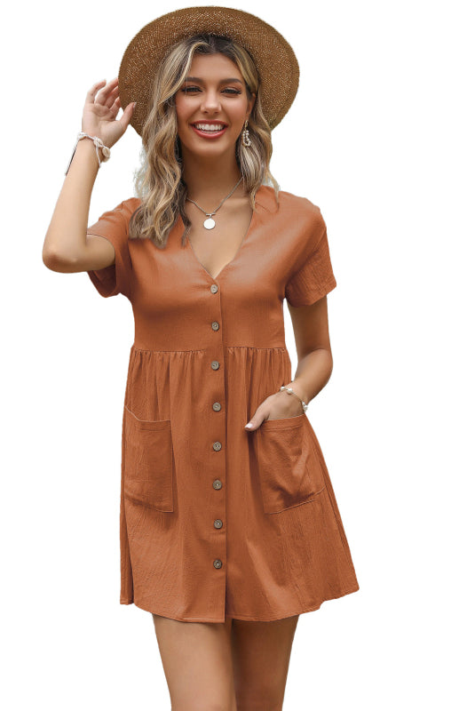 Women's Loose Shirt Dress V-Neck Short Sleeve Pleated Cotton Linen Dress - Closther