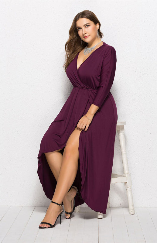 Women's Plus Size Wrap Dress – seated view demonstrating flattering fit