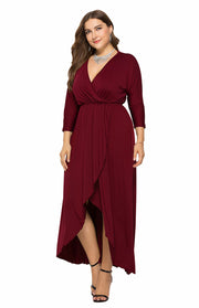 Women's Plus Size Wrap Dress in Wine Red – front view with deep V neckline