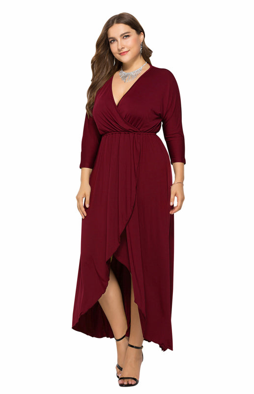 Women's Plus Size Wrap Dress in Wine Red – front view with deep V neckline