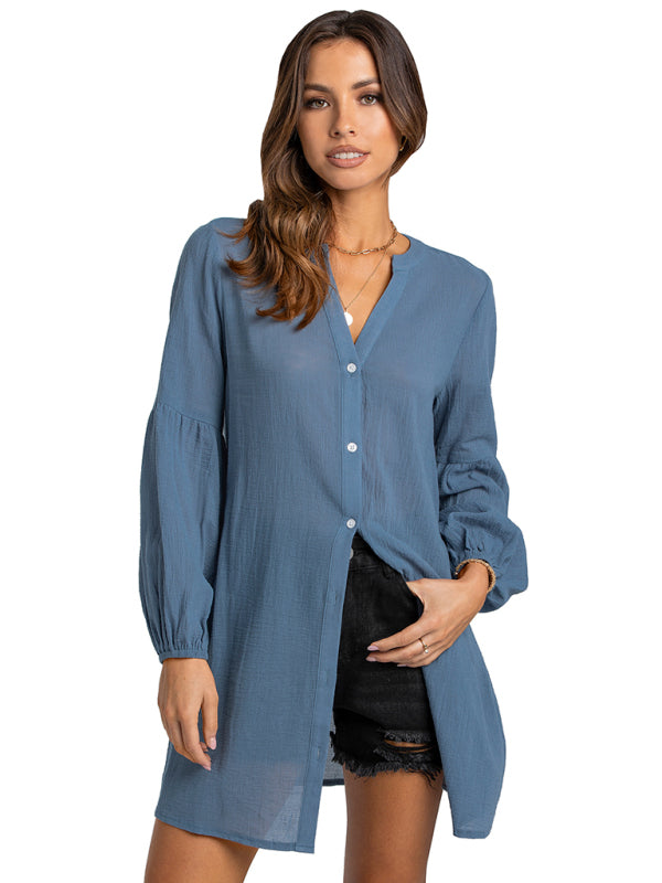 Women's fashion casual medium length slim fit solid shirt - Closther