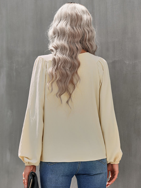 Women's casual loose round neck solid color pullover shirt - Closther