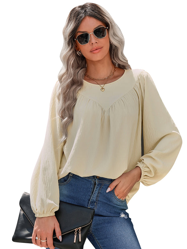 Women's casual loose round neck solid color pullover shirt - Closther