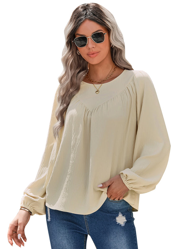 Women's casual loose round neck solid color pullover shirt - Closther