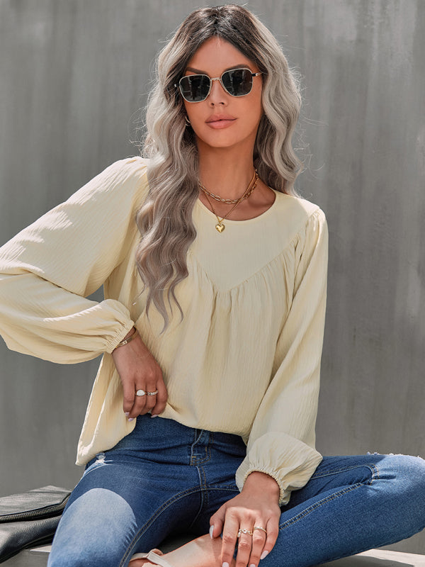 Women's casual loose round neck solid color pullover shirt - Closther