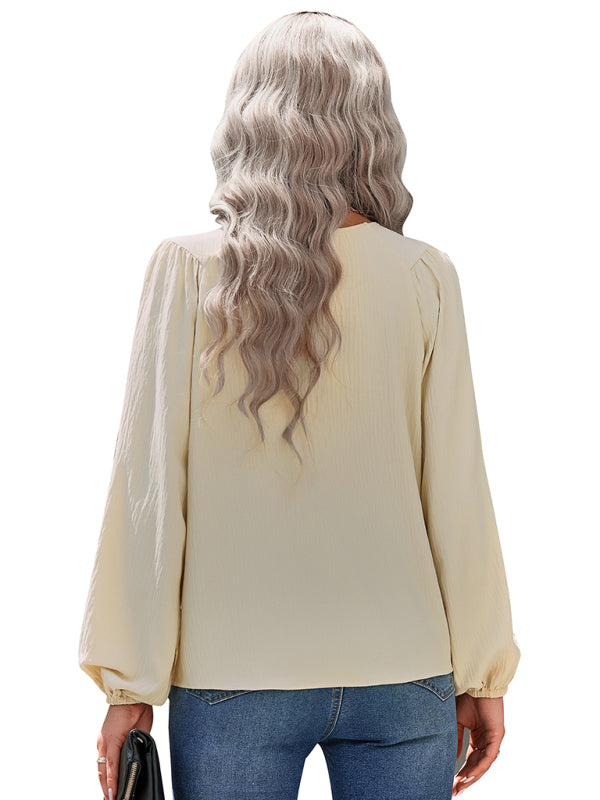 Women's casual loose round neck solid color pullover shirt - Closther