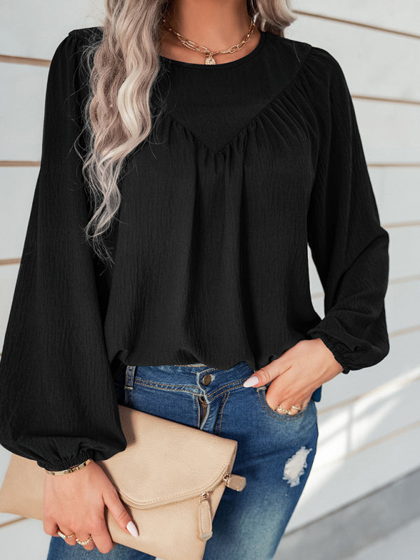 Women's casual loose round neck solid color pullover shirt - Closther