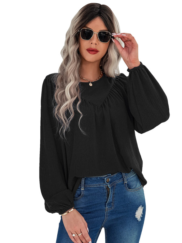 Women's casual loose round neck solid color pullover shirt - Closther