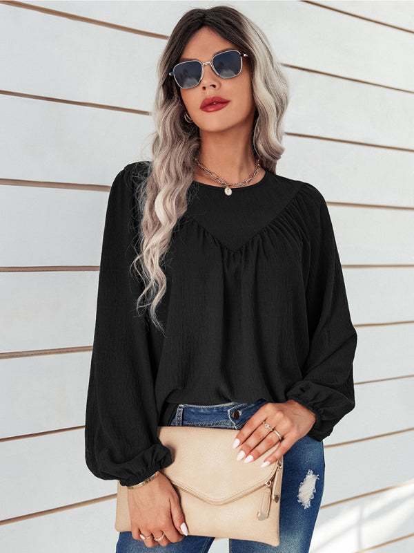 Women's casual loose round neck solid color pullover shirt - Closther