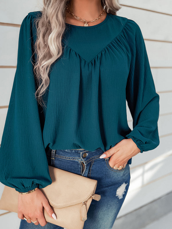 Women's casual loose round neck solid color pullover shirt - Closther