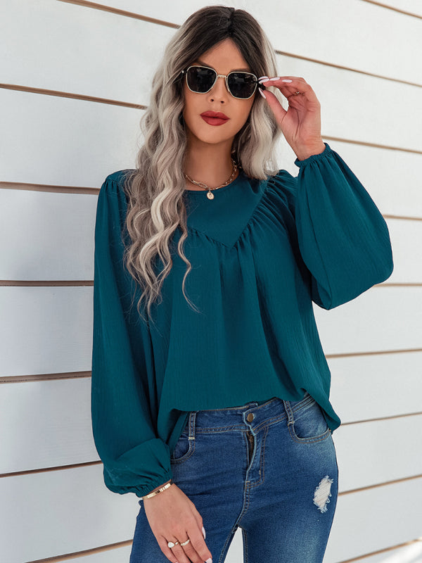 Women's casual loose round neck solid color pullover shirt - Closther