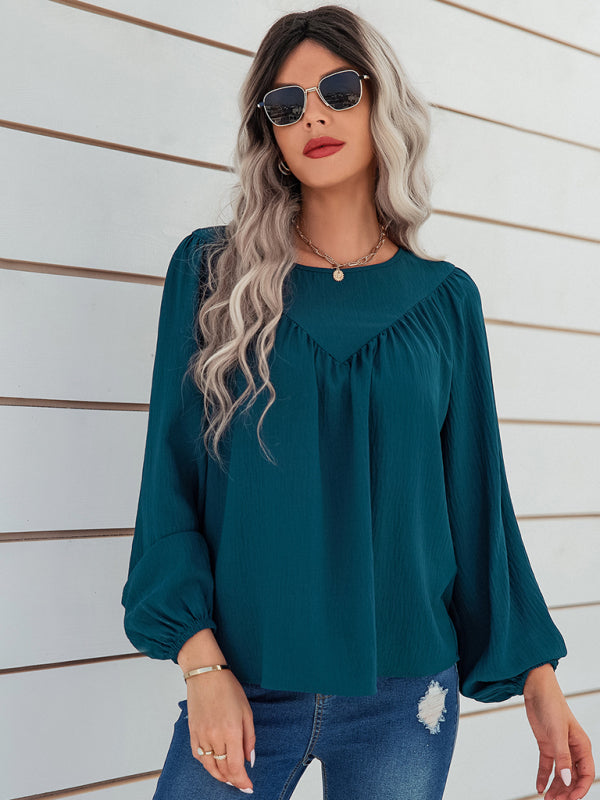 Women's casual loose round neck solid color pullover shirt - Closther