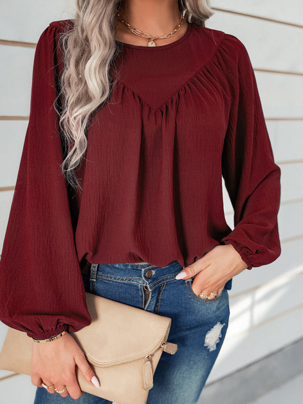 Women's casual loose round neck solid color pullover shirt - Closther