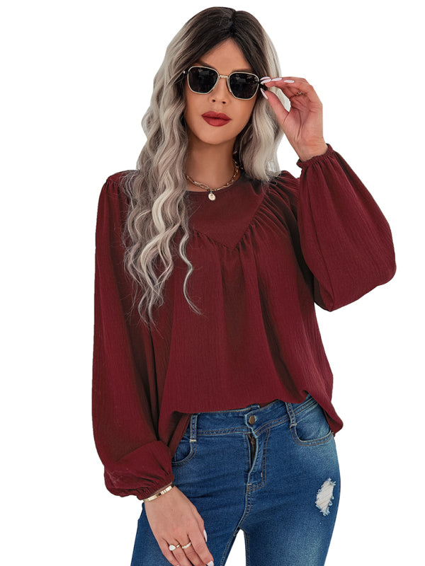 Women's casual loose round neck solid color pullover shirt - Closther