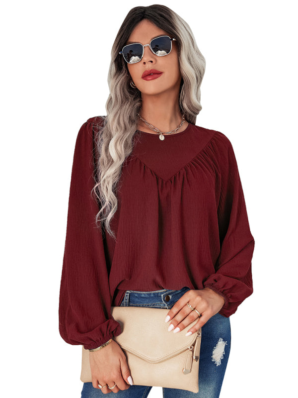 Women's casual loose round neck solid color pullover shirt - Closther