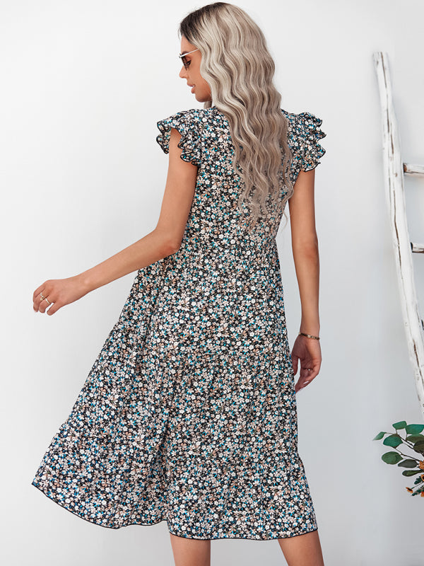 Women's V-neck flying sleeve floral dress long skirt - Closther