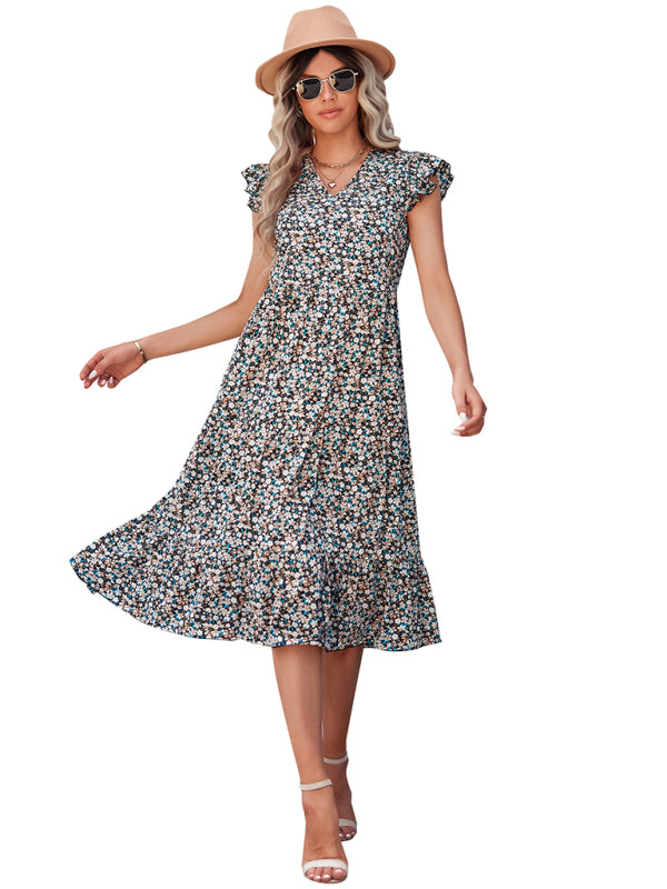 Women's V-neck flying sleeve floral dress long skirt - Closther