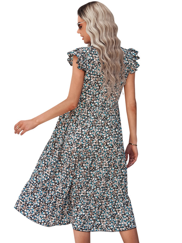 Women's V-neck flying sleeve floral dress long skirt - Closther