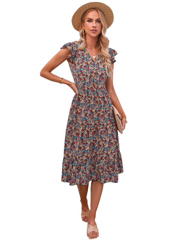 Women's V-neck flying sleeve floral dress long skirt - Closther