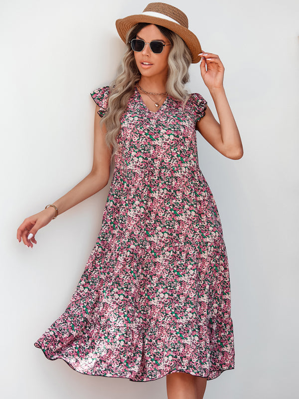 Women's V-neck flying sleeve floral dress long skirt - Closther