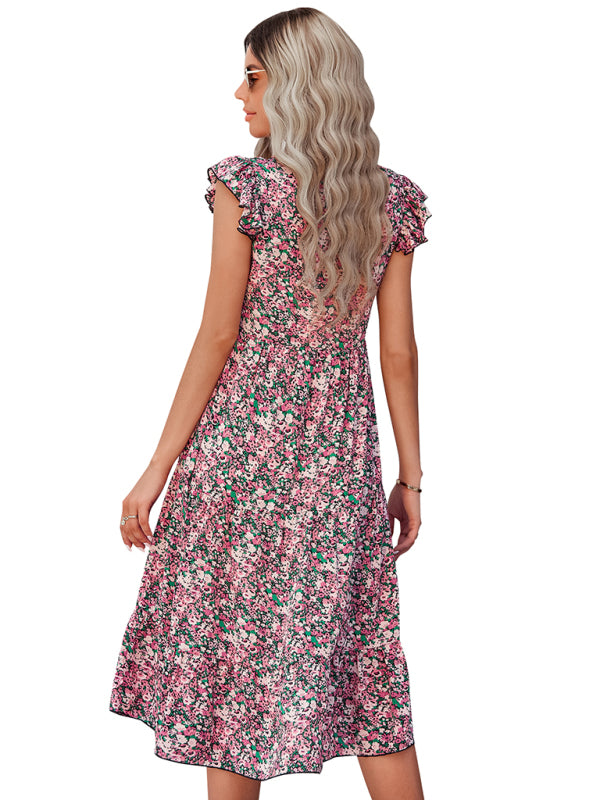 Women's V-neck flying sleeve floral dress long skirt - Closther