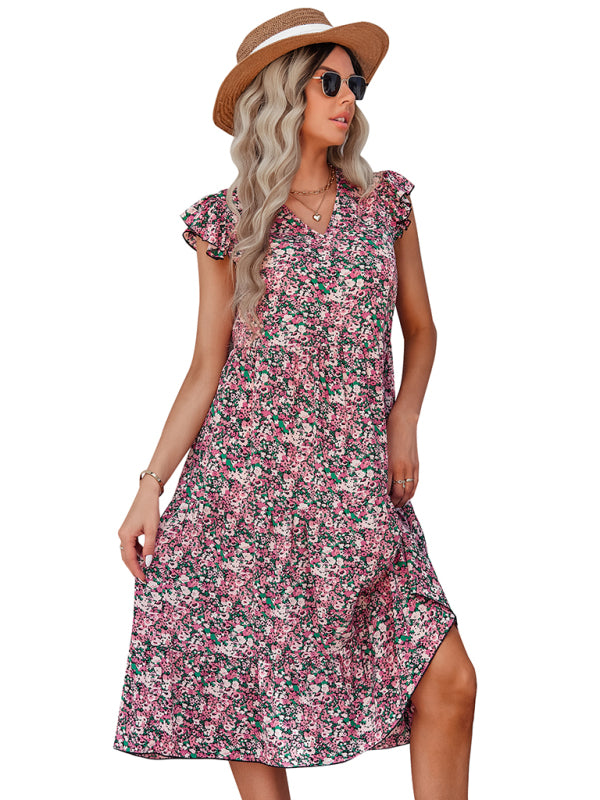 Women's V-neck flying sleeve floral dress long skirt - Closther