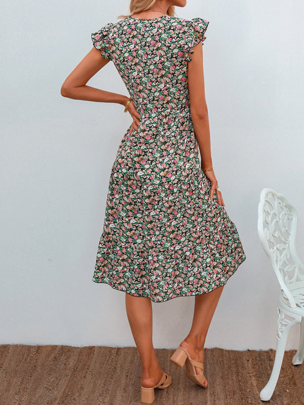 Women's V-neck flying sleeve floral dress long skirt - Closther