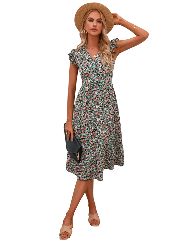 Women's V-neck flying sleeve floral dress long skirt - Closther