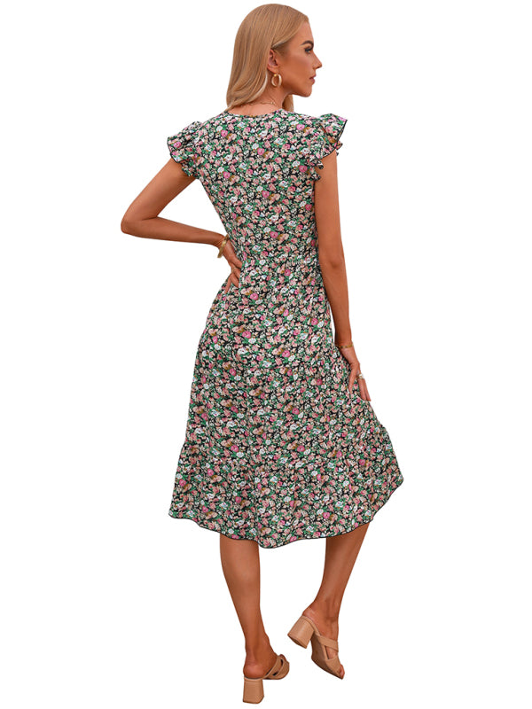 Women's V-neck flying sleeve floral dress long skirt - Closther