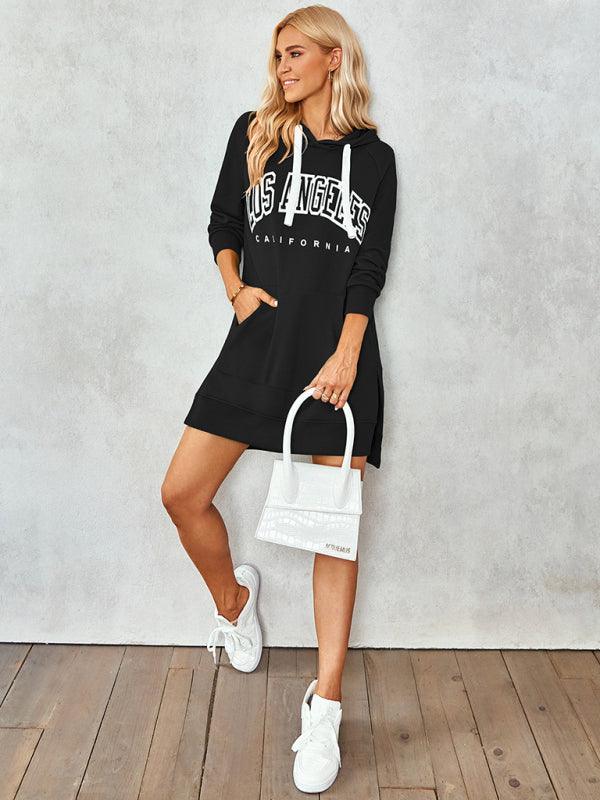 Women's lettered print hooded skirt dress - Closther