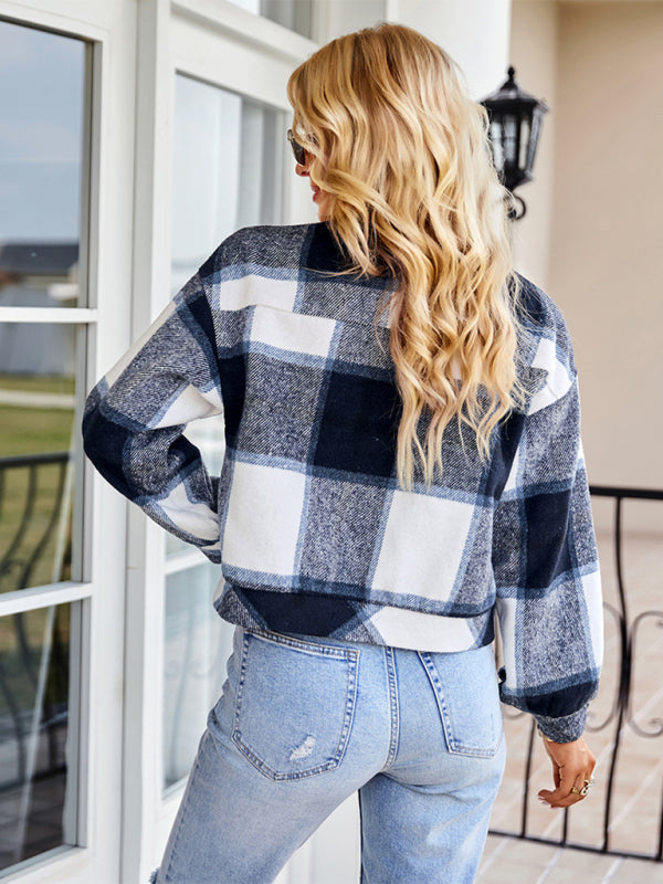 Women's fashion casual short plaid jacket - Closther