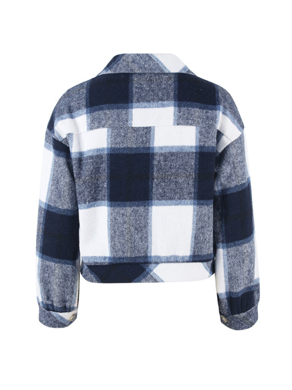 Women's fashion casual short plaid jacket - Closther