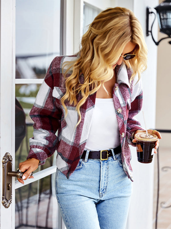 Women's fashion casual short plaid jacket - Closther