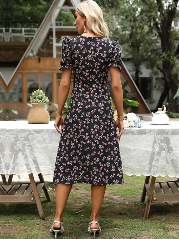 European and American floral dress v-neck puff sleeve French dress - Closther