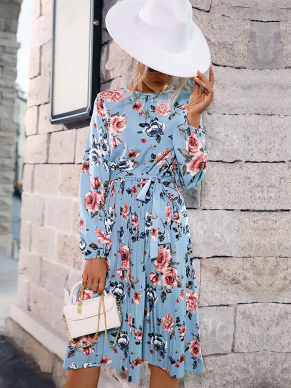 Robe fleurie d'automne-hiver pour femme, manches longues, jupe plissée bleue 