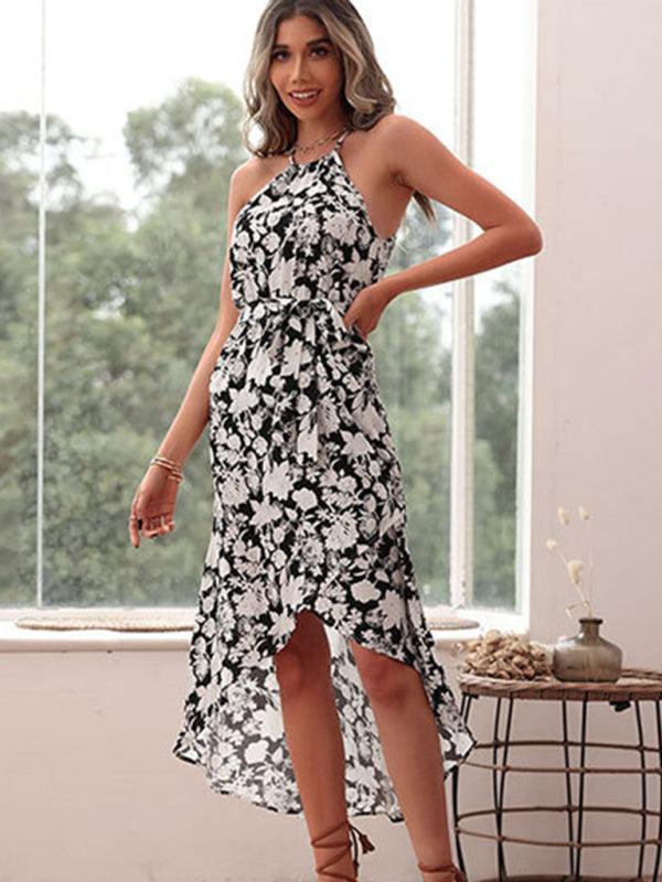 European and American halter neck print white dress - Closther