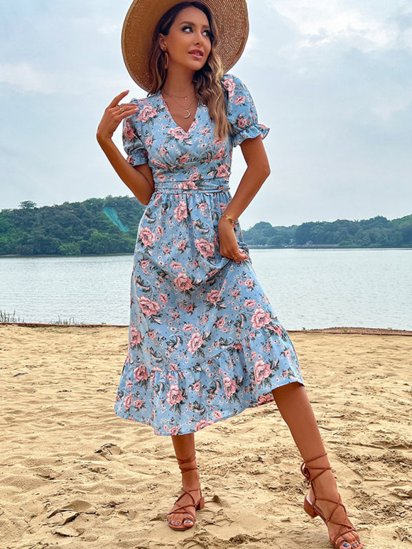 Women's Blue Floral Wrap Midi Dress – front view