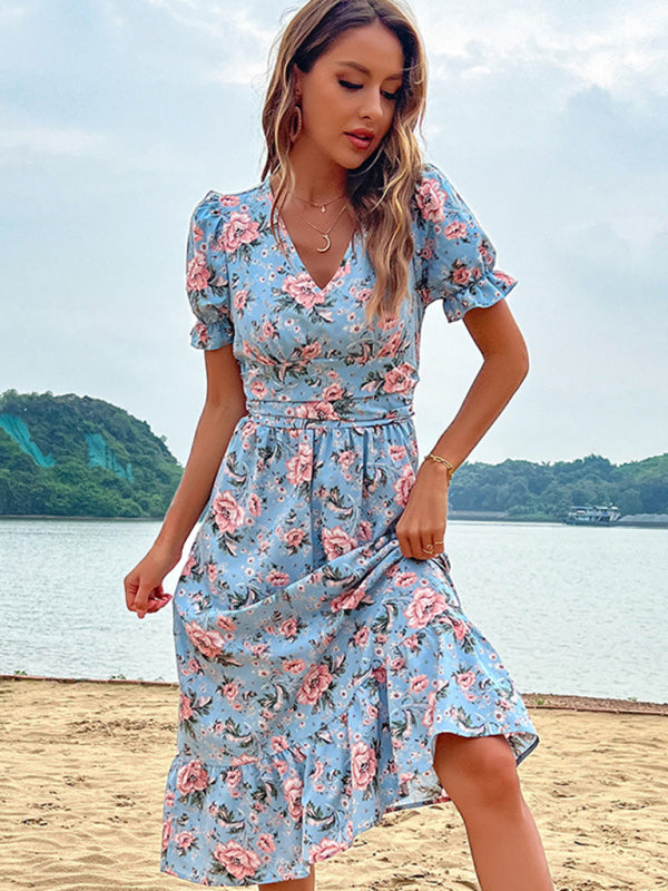 Women's Blue Floral Wrap Midi Dress with puffed sleeves – side view