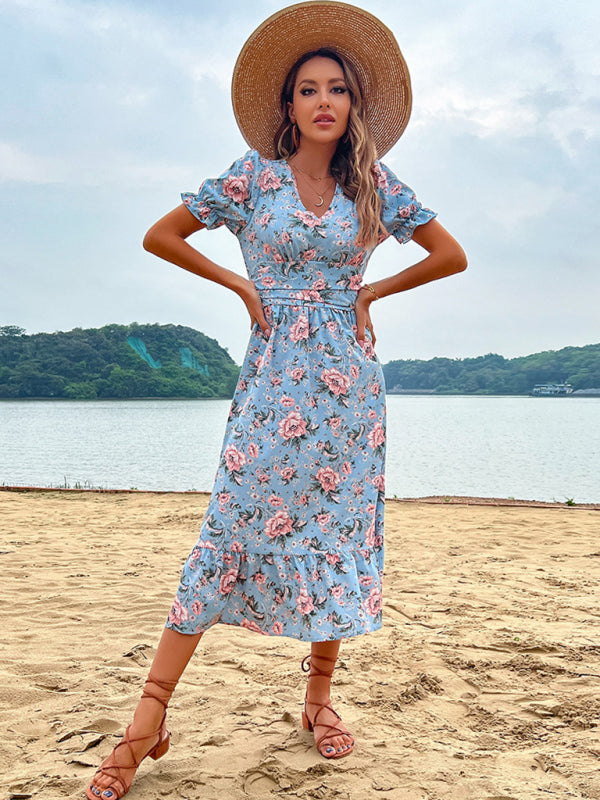 Women's Wrap Midi Dress with ruffled hem – full length view