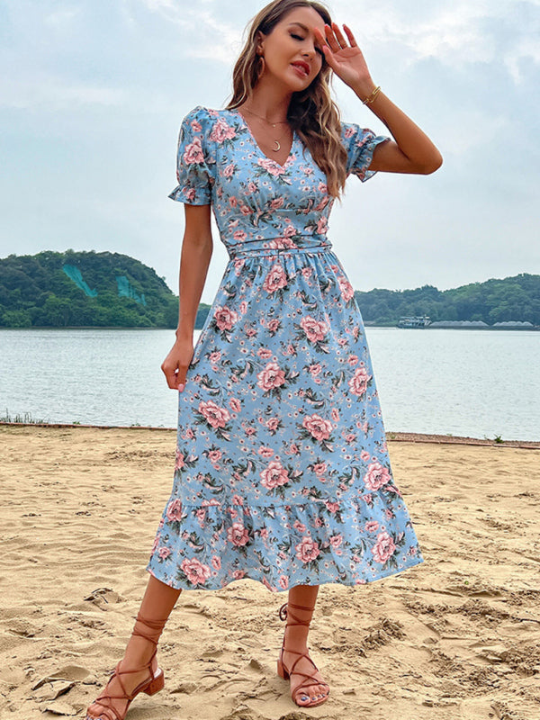Women's Blue Floral Midi Dress – styling detail