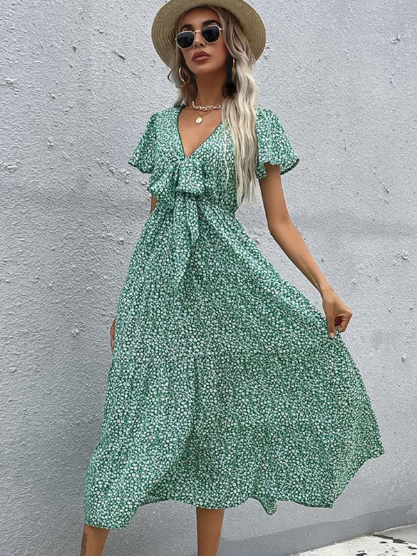 Women's Short Sleeve Green Print V-Neck Dress - Closther