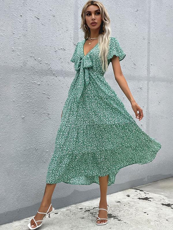 Women's Short Sleeve Green Print V-Neck Dress - Closther