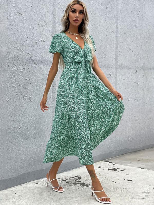 Women's Short Sleeve Green Print V-Neck Dress - Closther