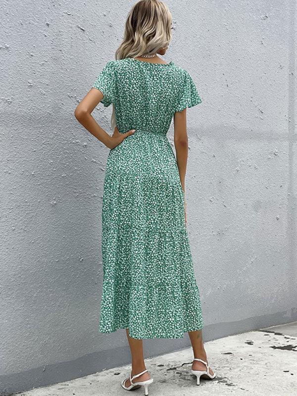 Women's Short Sleeve Green Print V-Neck Dress - Closther