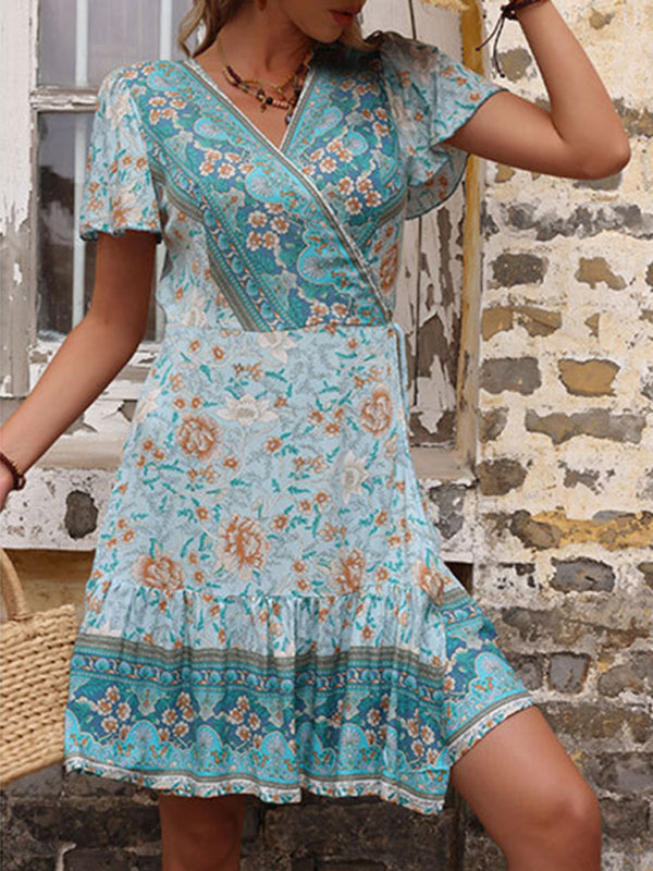 Summer European and American retro women's print blue one-piece dress - Closther