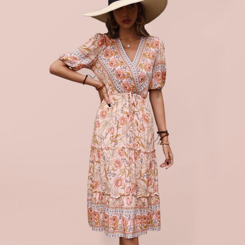 Vintage Women's Pink Fungus Print V-Neck Midi Dress - Closther