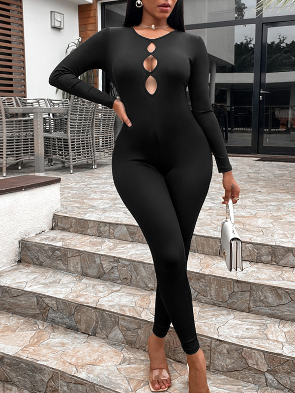 Women's black slim fit jumpsuit with cutout chest detail – front view