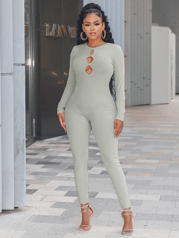 Women's solid color slim fit hip lifting Jumpsuit – detail view